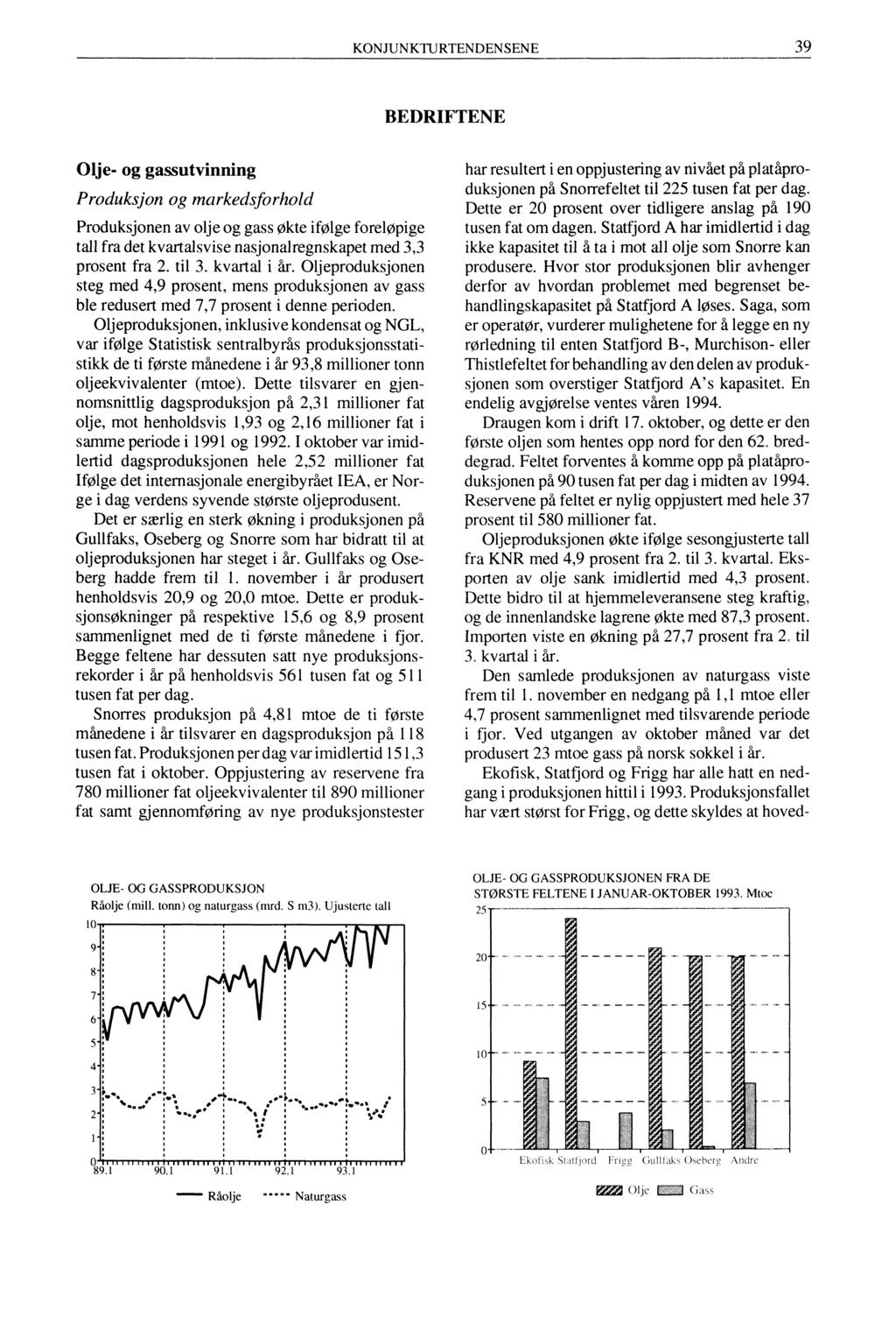 KONJUNKTURTENDENSENE 39 BEDRIFTENE Olje- og gassutvinning Produksjon og markedsforhold Produksjonen av olje og gass økte ifølge foreløpige tall fra det kvartalsvise nasjonalregnskapet med 3,3 prosent