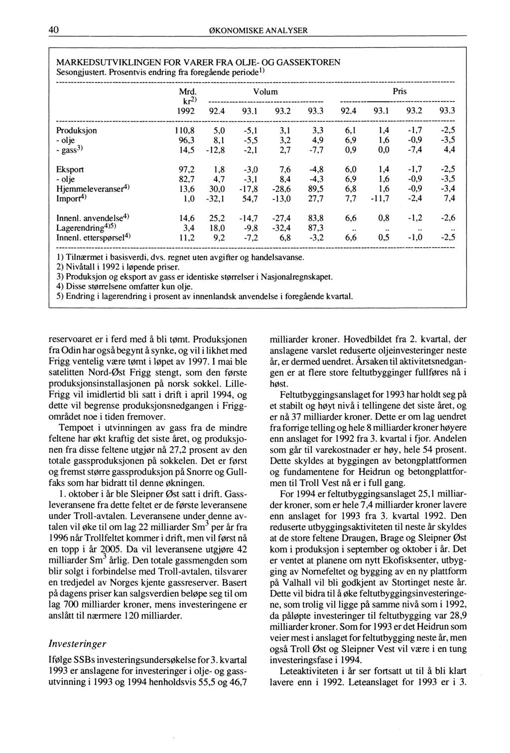 40 ØKONOMISKE ANALYSER MARKEDSUTVIKLINGEN FOR VARER FRA OLJE- OG GASSEKTOREN Sesongjustert. Prosentvis endring fra foregående periode') Mrd. Volum kr2) 1992 92.4 93.1 93.2 93.