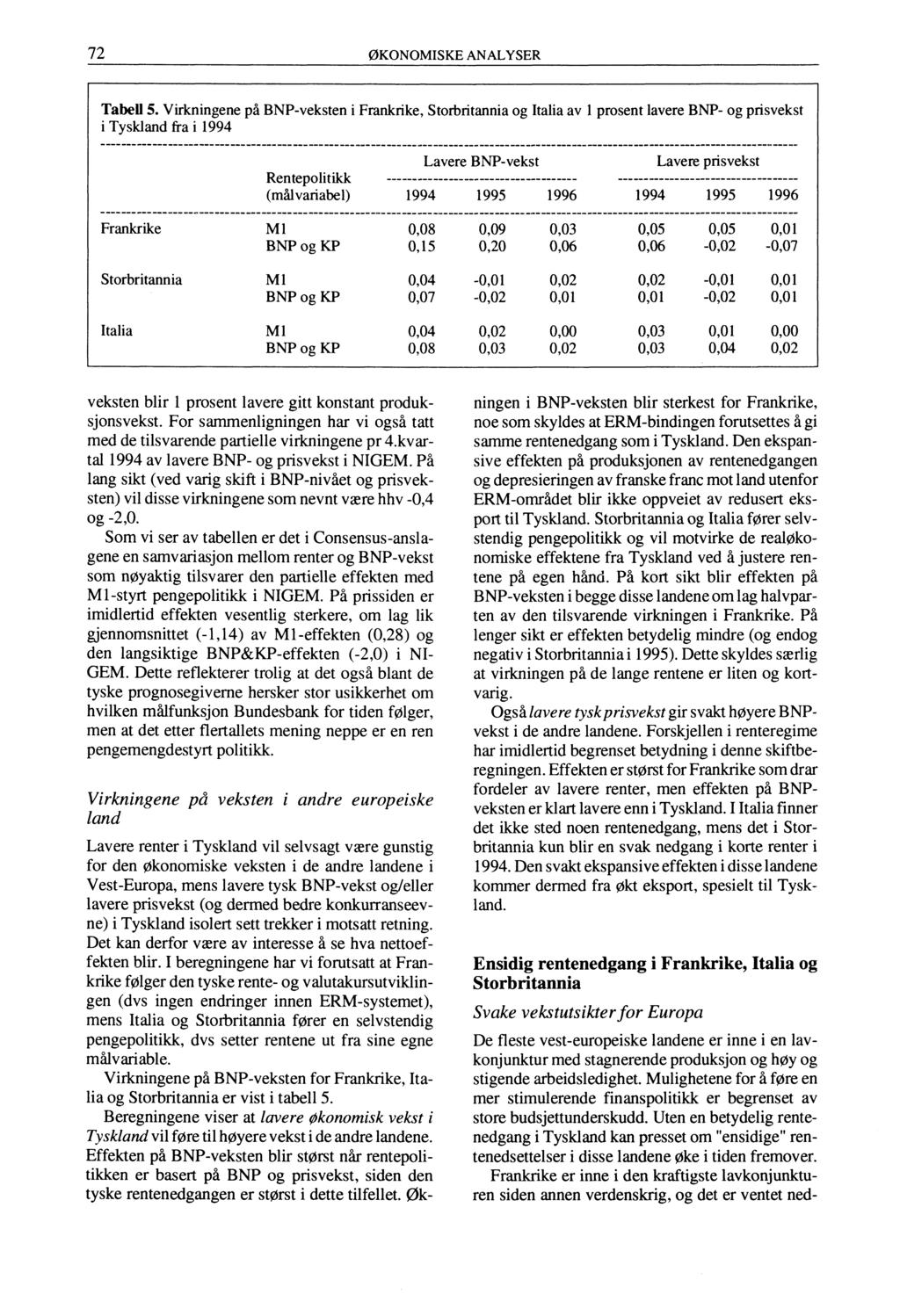 72 ØKONOMISKE ANALYSER Tabell 5.