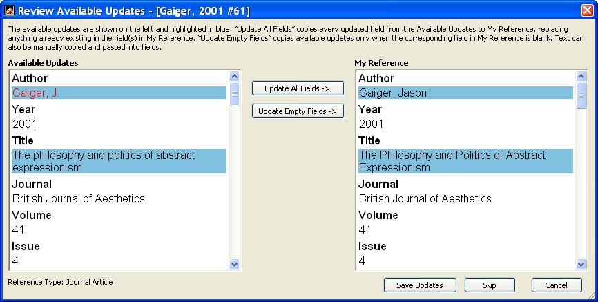 7.13. Automatisk oppdatering av referanser Nytt i versjon X5 er en funksjon for å oppdatere ufullstendige referanser som allerede finnes i et EndNote-bibliotek.