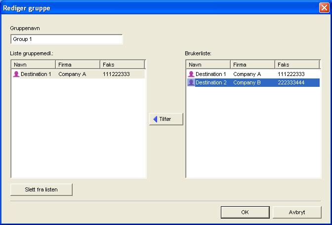 6. Bruke faksfunksjonen 4. Klikk på [OK]. En gruppe må inneholde minst en destinasjon. Et gruppenavn må spesifiseres for en gruppe. To grupper kan ikke ha samme gruppenavn.