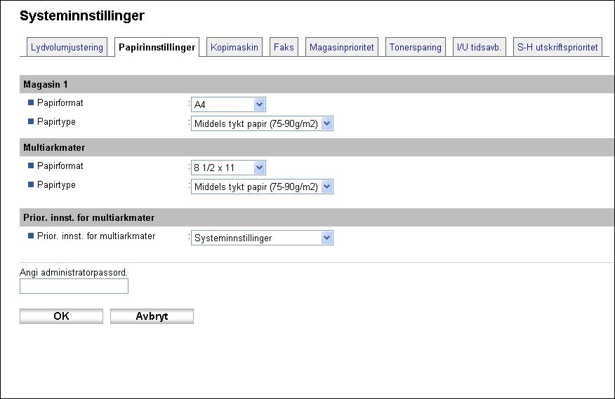 8. Konfigurere maskinen ved hjelp av COMMAND CENTER Konfigurere papirinnstillingene Klikk på fanen [Papirinnstillinger] på siden for systeminnstillinger for å konfigurere papirinnstillingene.