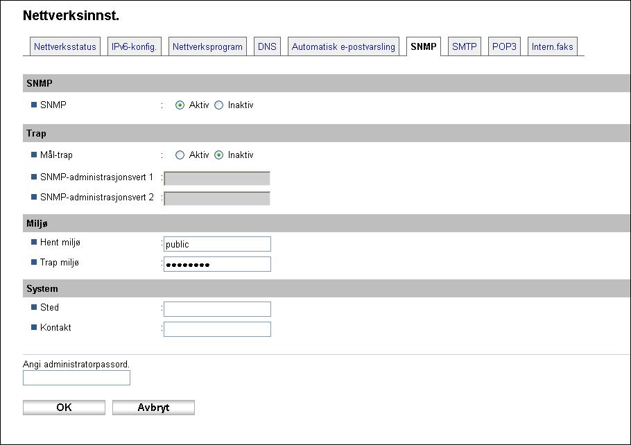 Konfigurere nettverksinnstillingene SNMP SNMP Element Beskrivelse Velg om du vil aktivere maskinen til å bruke SNMP-tjenester.