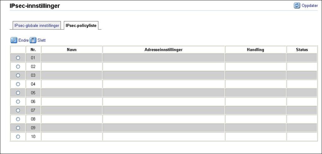 Konfigurere IPsec-innstillinger Konfigurere IPsec-policy Klikk på fanen [IPsec-policyliste] på innstillingssiden for IP-sikkerhet for å vise listen over registrerte IPsecpolicyer.