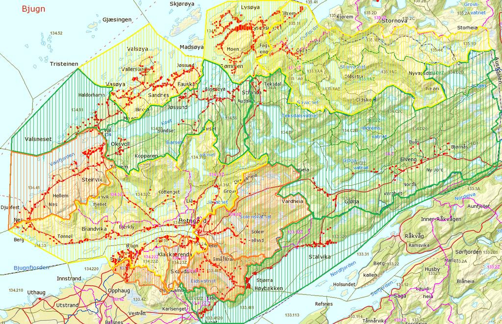 Vedlegg 3: Sonekart for Bjugn kommune Oransje sone = høyeste prioritet Gul sone =