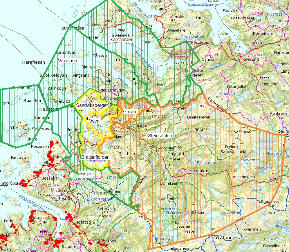 Vedlegg 8: Sonekart for Osen kommune Oransje sone = høyeste