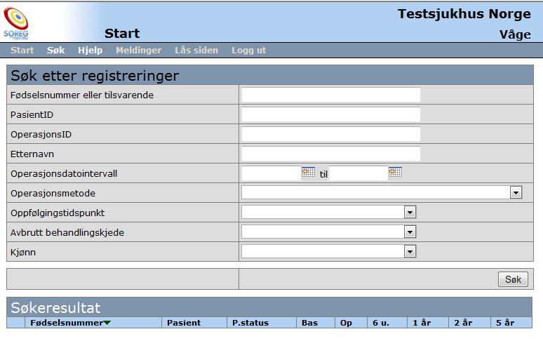 Søke etter pasient som allereie ligg i registeret: For å finne ein pasient som allereie er lagt inn i registeret (og som ikkje ligg på lista over ikkje ferdigstilte registreringar), klikk