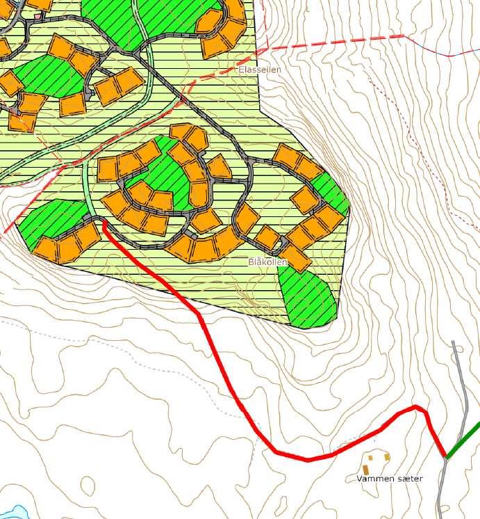 Eiendomsgrense Går ut som atkomstveg BLÅKOLLEN Planlagt ny atkomstveg Ca 980 meter Eksist. skogsbilveg Vammen sæter Krav og hensyn: Reguleringsplan for Rostberget Blåkollen hyttefelt.