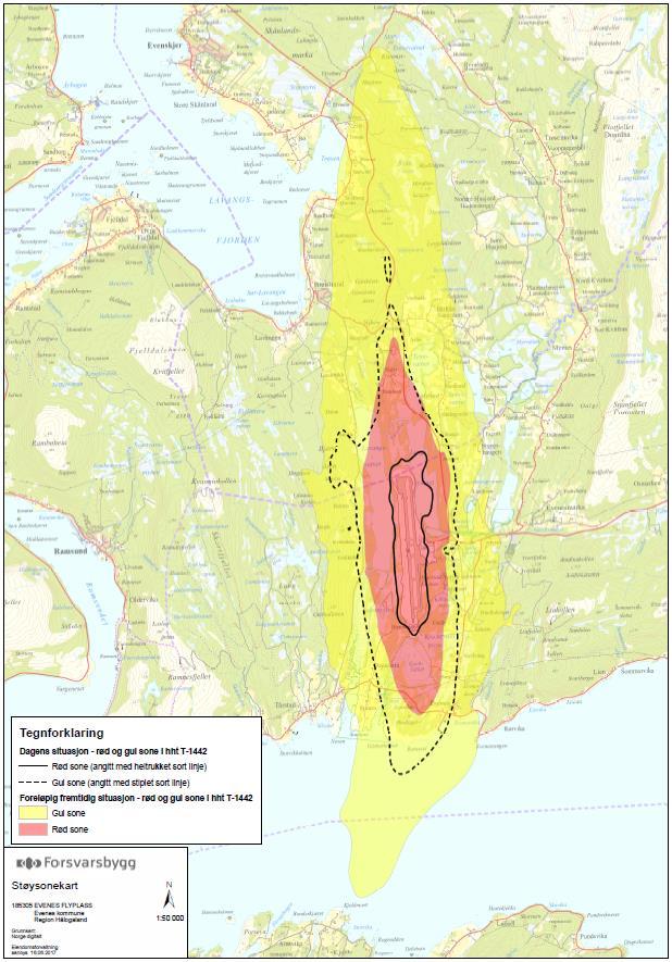 Foreløpig støysonekart Evenes Gul og rød støysone iht.