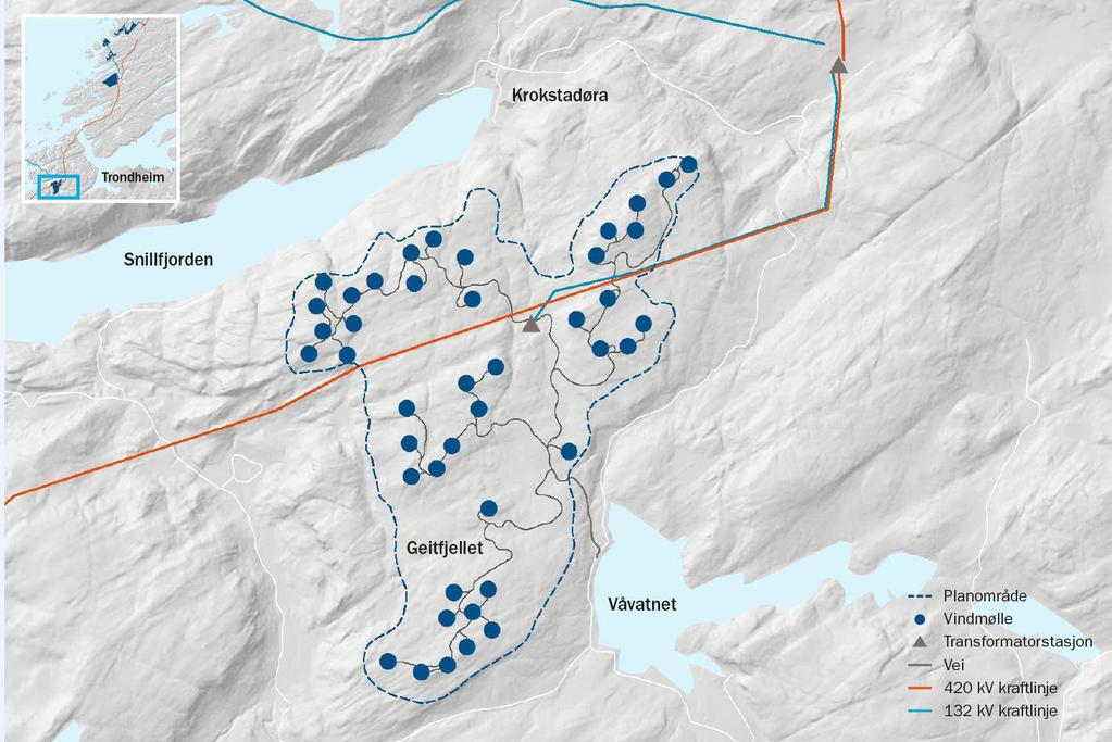 Geitfjellet vindpark Installert effekt: 154,8 MW Antall turbiner: 43 Produksjon: ~ 470 GWh Fullasttimer: ~ 3000 Middelvind: 7.