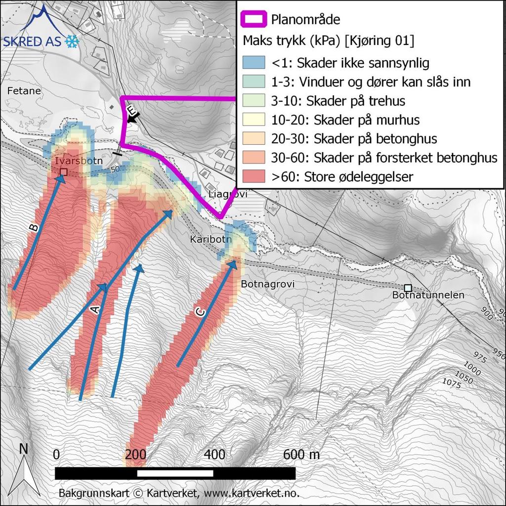 Figur 5: Snøskredbaner fra fjellsiden sør for planområdet og eksempel på beregnet trykk og skredutbredelse.