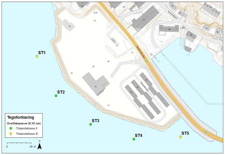 Sykehustomt på Rossmolla, Hammerfest Orienterende miljøgeologisk vurdering multiconsult.no Figur 2: Oversikt prøvestasjoner 2017 med markering av høyeste påviste tilstandsklasse i hvert prøvepunkt.