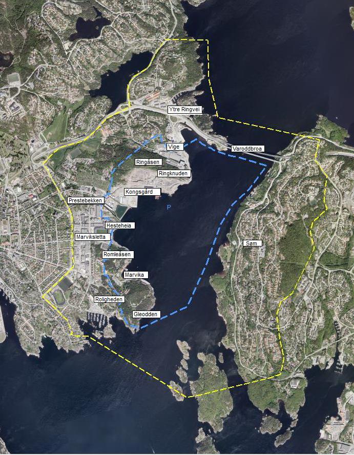 2.3 Arealbruk og virksomhet i planområdet Figur 6 Planområde med nære influensområde Reguleringsplan for Kongsgård-Vige havne- og industriområde (2005) er bare delvis gjennomført.