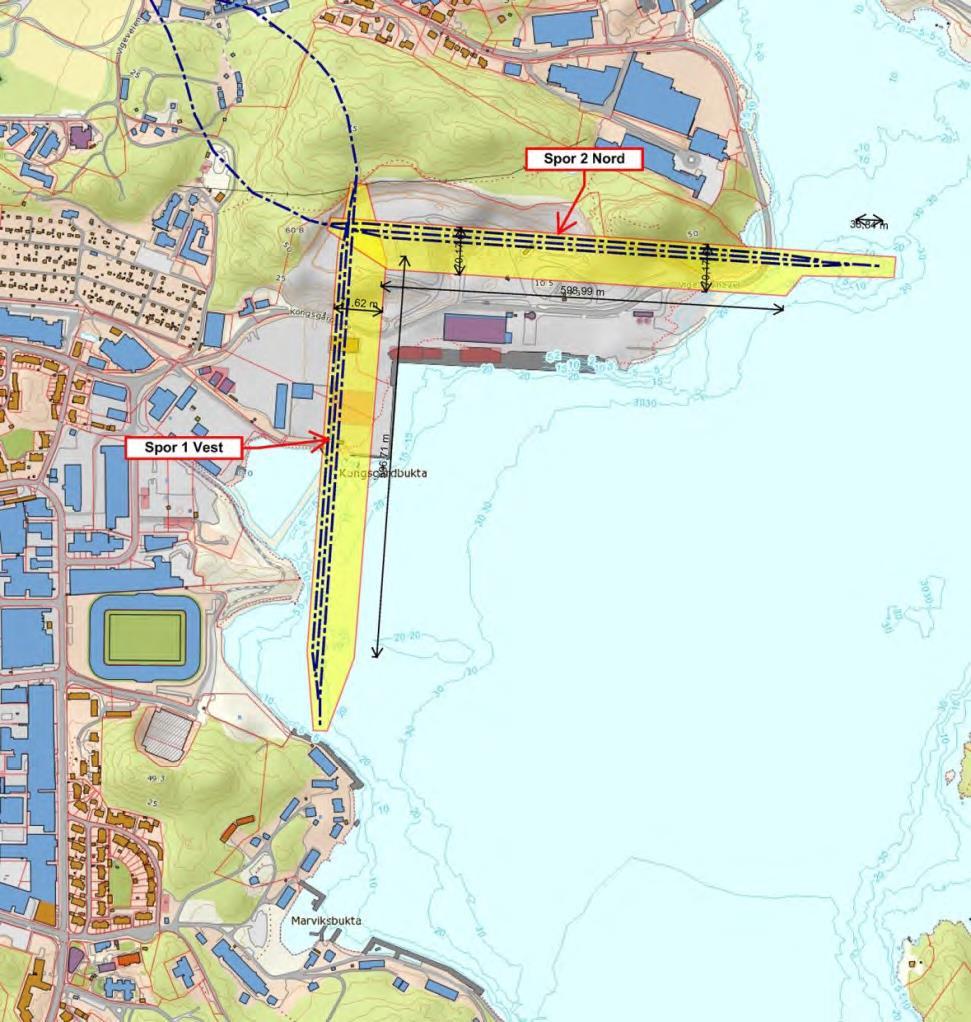 Figur 12 To mulige løsninger for jernbaneterminal i ny havn i Kongsgård (Rambøll) Det er ikke satt av eget areal for etablering av våtbulkanlegg i plankartet.