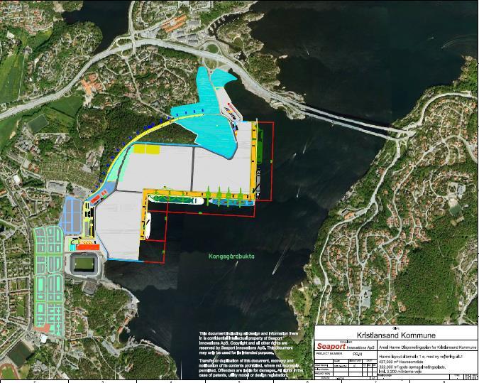 Figur 21 Foreslått areal for langsiktig havneutvikling Kokkersvold/Seaport 2015, skisse 1e 4.2.4 Anbefalt planforslaget I forslag til kommunedelplan er havneområde utvidet sørover fra og med Prestebekken og Torsviga til Romlåsen.