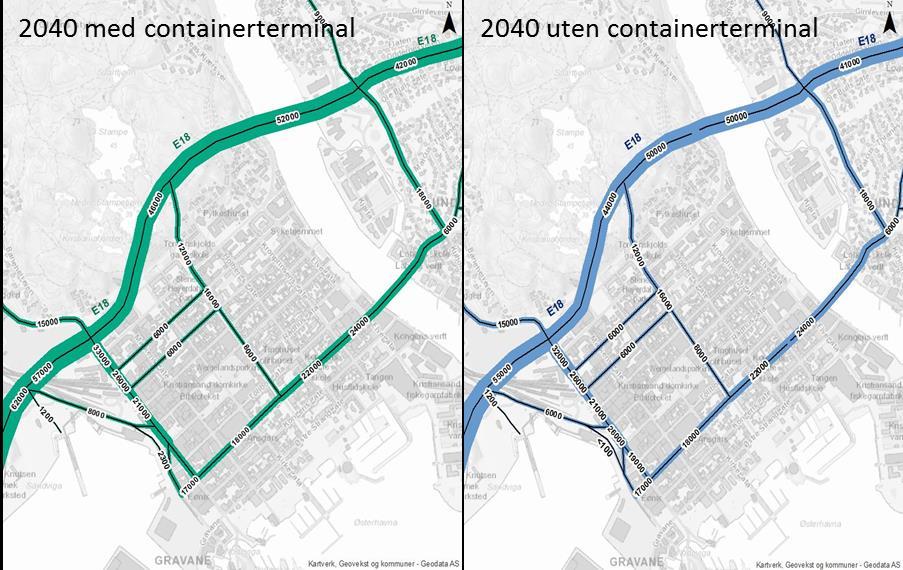 Figur 22 Trafikksituasjon i Vestrehavn og Kvadraturen med/uten containerterminal og forutsatt trafikkreduserende tiltak og Ytre ringveg.
