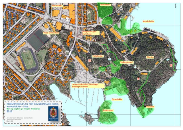 Prestebekken og Hesteheia berøres også i alternativ 2, som bygger på Kokkersvold Seaport-utredningen. Omdisponering av disse grøntområdene utløser krav om erstatningsareal, jf.