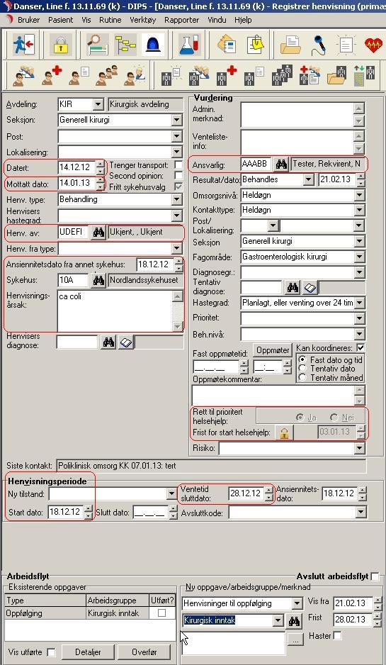 Side 33 Ansvarlig for vurdering fyller utskjermbildet registrer henvisning i DIPS Hvis dato for frist start helsehjelp ikke er satt, har pasient ikke fått rett til prioritert helsehjelp.