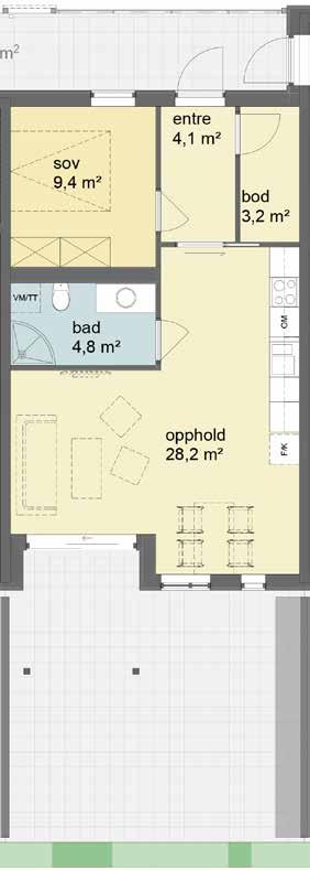 Toroms leilighet med lys og åpen stue Bruksareal 52 m 2 102A 104A 202A 204A 102B 202B Klarer du deg med ett soverom, er denne leiligheten perfekt.