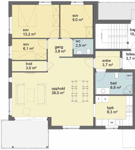 Stor endeleilighet med tre soverom Bruksareal 102 m 2 303B Vil du ha mye plass og tre soverom? Da er denne endeleiligheten tingen.