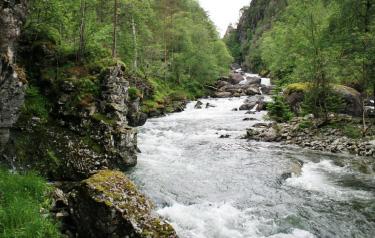 Side 4 av 6 Norddalselva. Foto frå inntaket til settefiskanlegget. Vassføring ca. 7 m3/sek. 2.