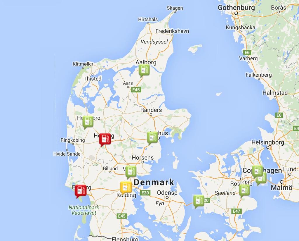 Hynor Introduksjon sluttrapport Side 12 Fyllestasjoner for hydrogen i Danmark pr desember 2015. De merket med grønt er i drift, gult er under etablering og rødt er planlagt. Kilde: H2Logic.