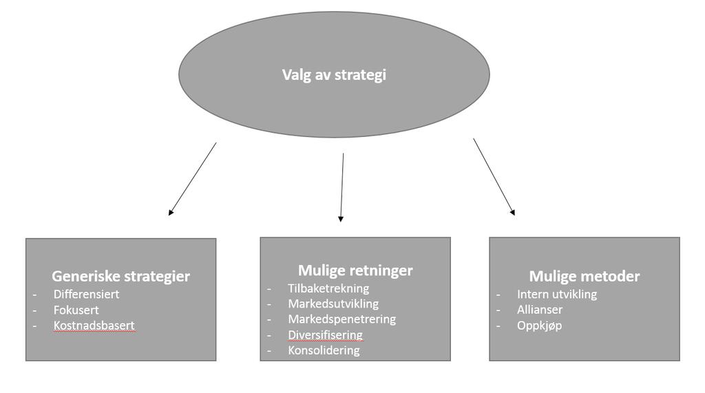 2.6 Valg av strategi Det finnes ulike metoder for valg av strategi, og dette avhenger av hvilken generisk strategi bedriften velger å benytte seg av, i tillegg til hvilken vei innen de generiske