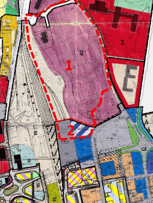 Et utsnitt av ny kommuneplan, arealdelen, er vist til høyre. Rød stiplet strek viser ca plangrense for ny reguleringsplan. Ny reguleringsplan blir utarbeidet i samsvar med den nye kommuneplanen.