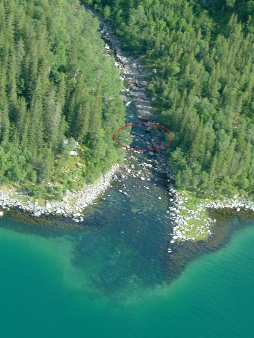 Bilde 2: Utløpet fra Urvoldvatnet. Rød sirkel angir lokalisering av videokameraene for overvåkning av opp- og nedvandrende fisk. Foto: Frithjof Plahte 2.1.3.