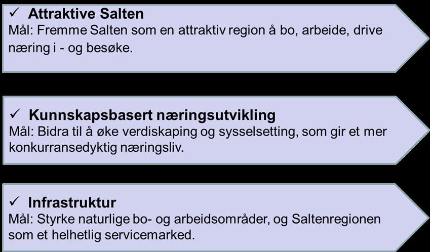 Bidra til å øke verdiskaping og sysselsetting som gir et mer konkurransedyktig næringsliv Styrke naturlige bo- og arbeidsområder, og Salten som et helhetlig servicemarked. 2.