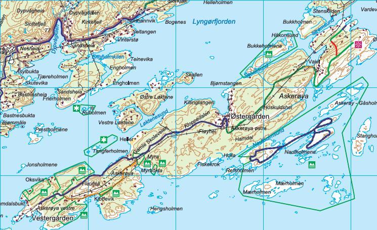 Fotografier Askerøya Kart nr. 7: Mulig trasé for kyststi på Askerøya fra Najadens Minne i nordøst til Askerøya vestre, Vestergården i sørvest.