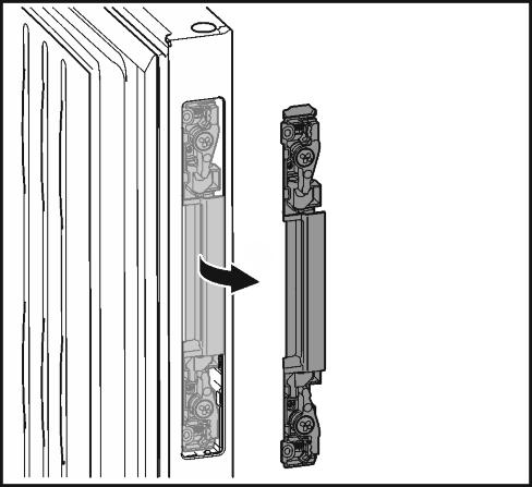 20 u Sving ut døråpningshjelpen. Fig. 22 u Sving inn og hekt på døråpningshjelpen i åpningen på motliggende side. Fig. 22 (1) Plastkvader på skyveren skal ikke ligge på dørtetningen.