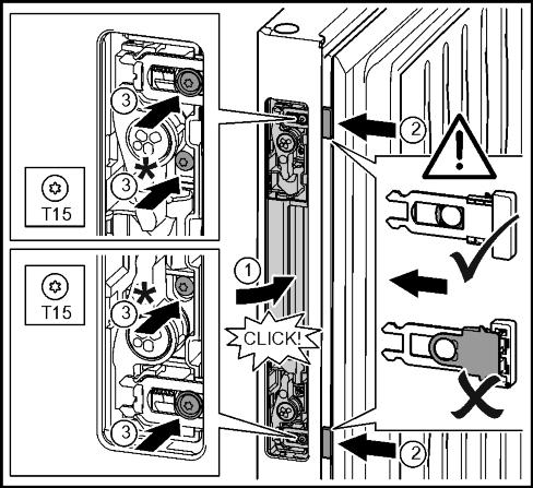 22 (2) u Skru fast skruer og plastkrager med skrutrekker T15. Fig. 22 (3) w Skruene er festet, og samtidig kan døråpningsskyveren fortsatt beveges.