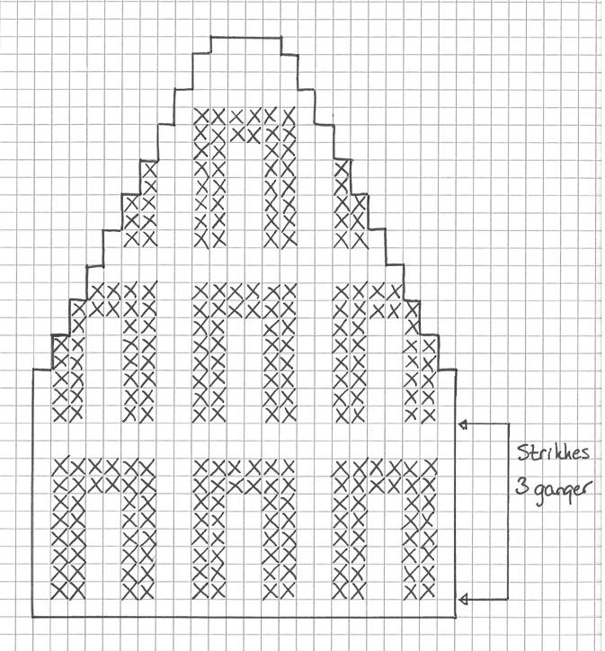 2 vr 1 r. Strikk videre etter diagrammet. Alle masker med X strikkes vrangt med hvitt garn. Rapporten gjentas 4 ganger rundt luen. Omgang 2 til 11 strikkes i alt 3 ganger.