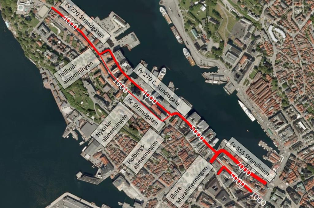 Fartsgrensen er 50 km/t på alle gatene i prosjektområdet. C. Sundts gate er samlegate for hoveddelen av trafikken til/fra Nordnes.