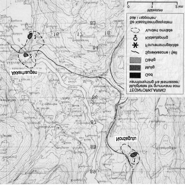 Fig.1. Utsnitt fra kartblad (M711) Nordagutu 1713-IV viser områdene ved Nordagutu og Akkerhaugen som er vurdert med tanke på grunnvann i løsmasser. AKKERHAUGEN OG GVARV Vannbehovet er 7.2 l/sek.