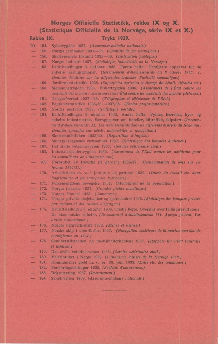 rges Offisielle Statistikk, rekke IX g X. (Statistique Officielle de la rvège, série IX et X.) Rekke IX. Trykt 1939. 154. Syketrygden 1937. (Assurance-maladie natinale.) 155. rges jernbaner 1937-38.