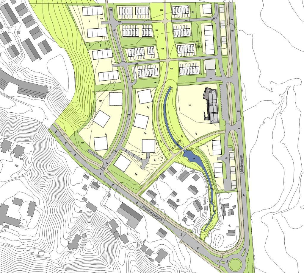 Se illustrasjon under som viser fremtidig situasjon. Kulvert under Bratsbergvegen Laveste punkt på vegen over kulvert ligger på kote +02.