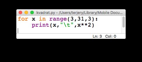 22 Range: Kodeeksempler på bruk av range og liste Liste: for n in range(5): for n in [0,1,2,3,4]: for n in range(1,5): for num in [1,2,3,4]: for n in