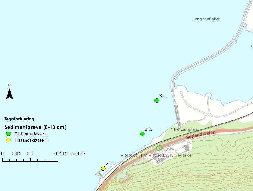 Utfylling Ytre Langnes Miljøundersøkelse av sjøbunnsedimenter multiconsult.no 3 Resultater Figur 3-1: Prøvestasjonene med angivelse av høyeste påviste tilstandsklasse uavhengig av type miljøgift. 3.3 Totalt organisk karbon, TOC.