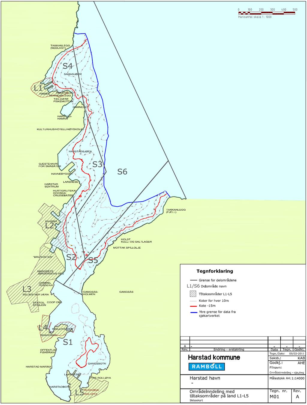 8 (24) 15 TILTAKSPLAN Figur 3. Oversikt over tiltaksplanområdet i Harstad havn, delområdene S1-S6.