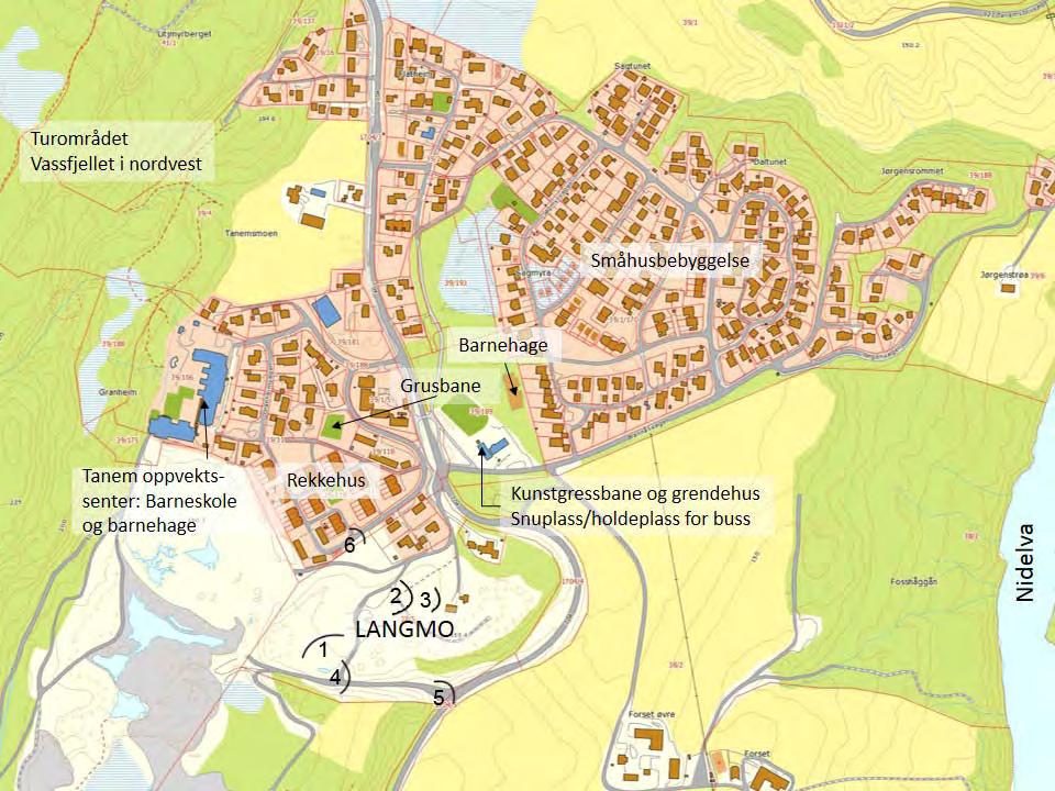 Detaljreguleringsplan for Langmo Figur 2: Dagens arealbruk innenfor planområdet og i omliggende områder.