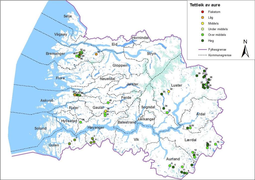 5. Resultat 5.1 Innland 5.1.1 Fisk Det vart påvist aure i alle vatna (tabell 5). I tillegg vart det fanga stingsild i Hafslovatnet og Veitastrondavatnet i Luster kommune.