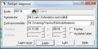 I boksen Rediger diagnose har koden, navnet på koden og funksjonsområdet nå lagt seg inn. I feltet Kommentar utdypes og individualiseres diagnosen.