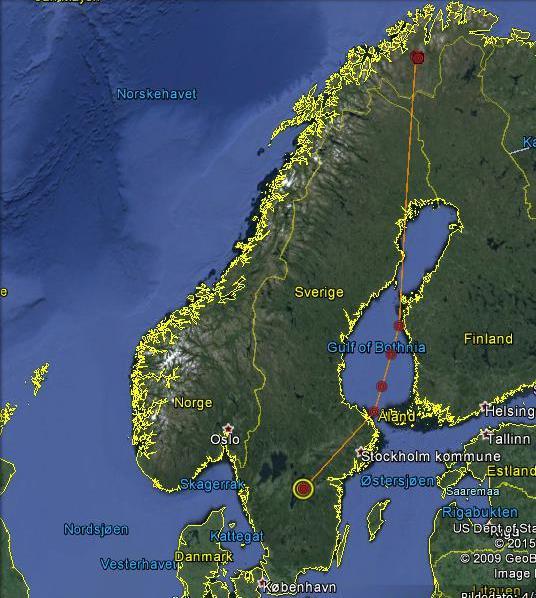 Figur 8. Oversikt over høsttrekkforløp i 2015 for sædgåshunnen (gul halsring G18) av underarten rossicus med gsm-sender. Senderen startet opp igjen sommeren 2015.