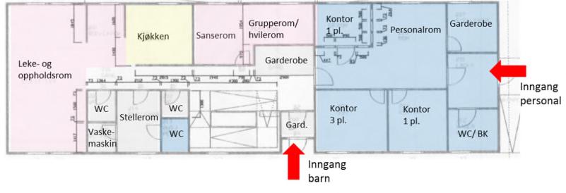 ) Lekeareal ute 1 700 m2 Barnehagens rom og funksjoner Barnehagen har en sentral inngang i 1.etasje i tillegg til personalinngang i 2.etasje. Det er også inngang til småbarnsavdelingen i 2.