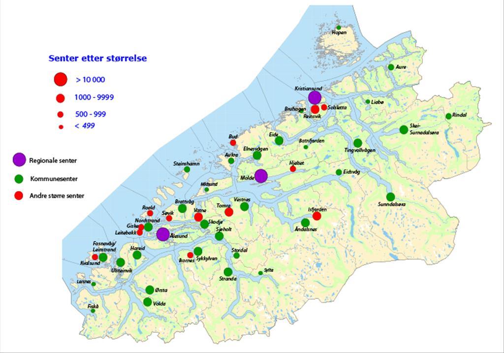 2.3 Større senter i Møre og Romsdal Dei fleste større sentera i fylket ligg i ein ytre akse langs kysten, med tyngdepunkt på Sunnmøre.