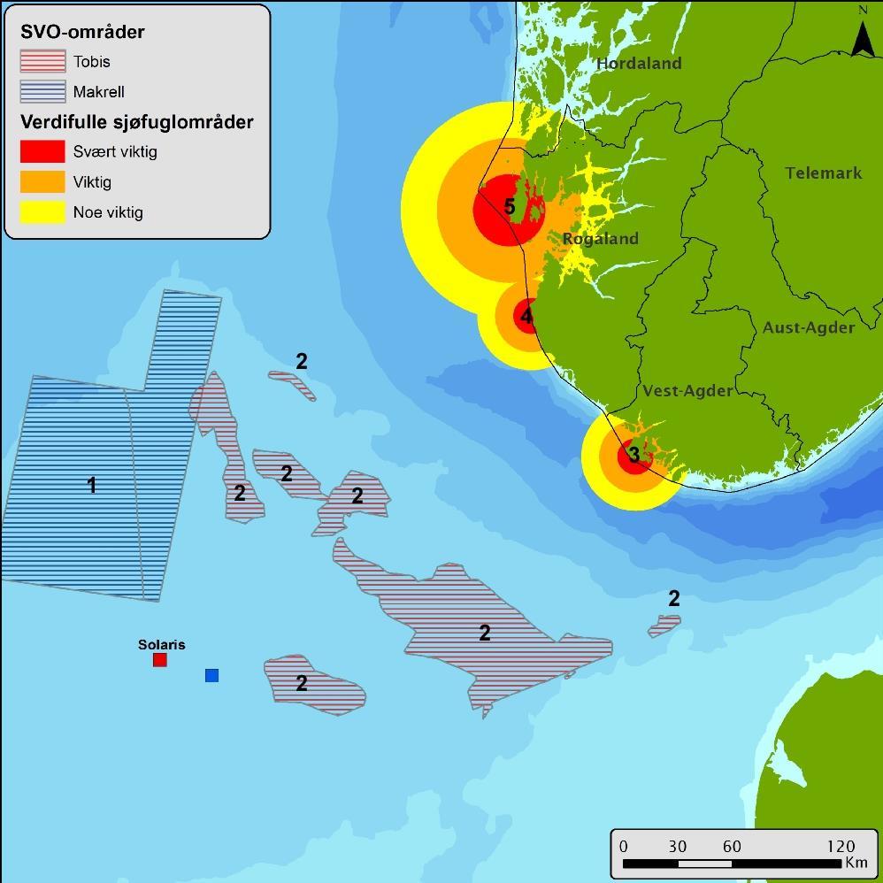 Figur 2. Viktige områder for verdsatte økosystemkomponenter (VØK) innenfor analyseregionene til letebrønn 1/5-5 Solaris.