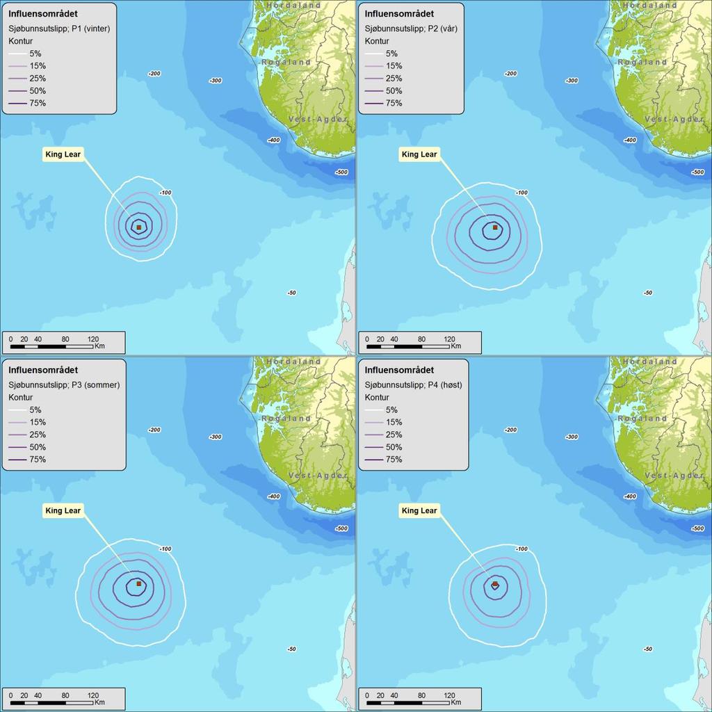 Figur 4. Influensområder for sjøbunnsutblåsninger for letebrønn 2/4-21 King Lear beregnet fra stokastiske oljedriftsimuleringer med oljedriftmodellen OSCAR OS3D. 3.