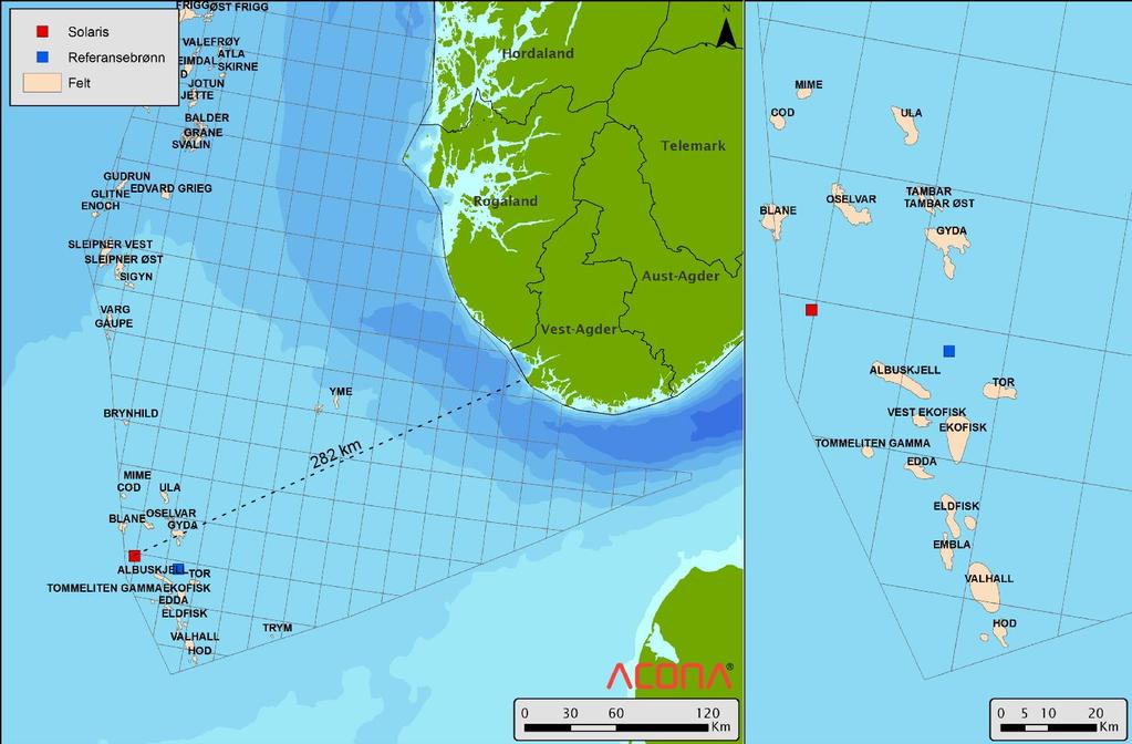Figur 1. Kart som viser beliggenheten til letebrønn 1/5-5 Solaris (rød firkant), referansebrønnen for miljørisikoanalysen (blå firkant) og omkringliggende felt. 1.2 Definerte fare- og ulykkeshendelser Den definerte fare- og ulykkeshendelsen (DFU) som legges til grunn for analysene er en utblåsning.